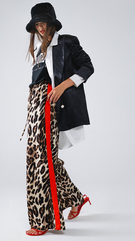 Leopard Straight Pants with Red Stipes