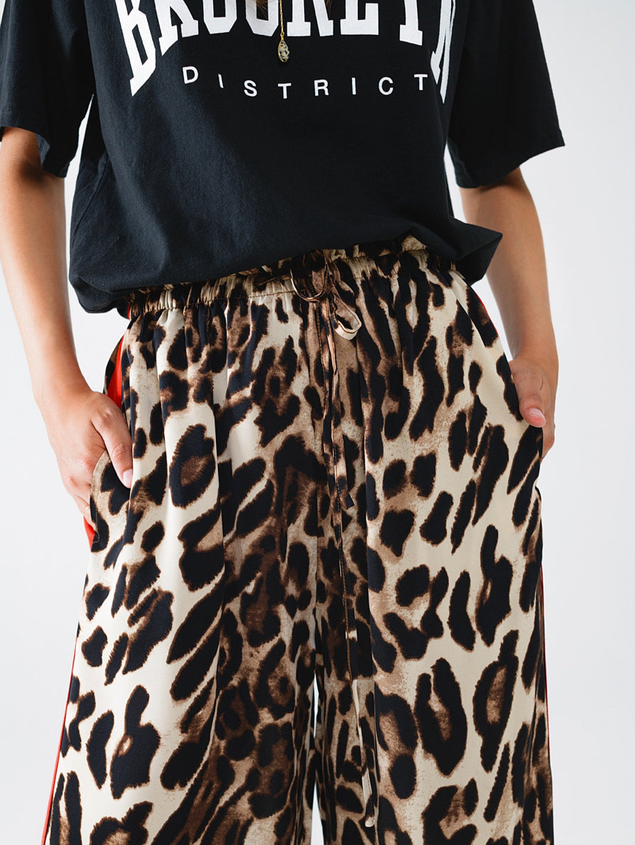 Leopard Straight Pants with Red Stipes