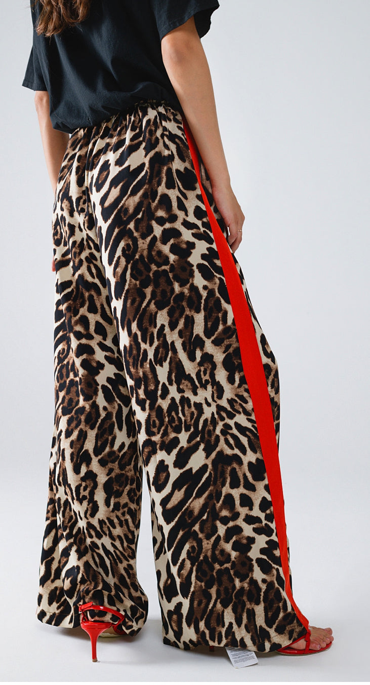 Leopard Straight Pants with Red Stipes