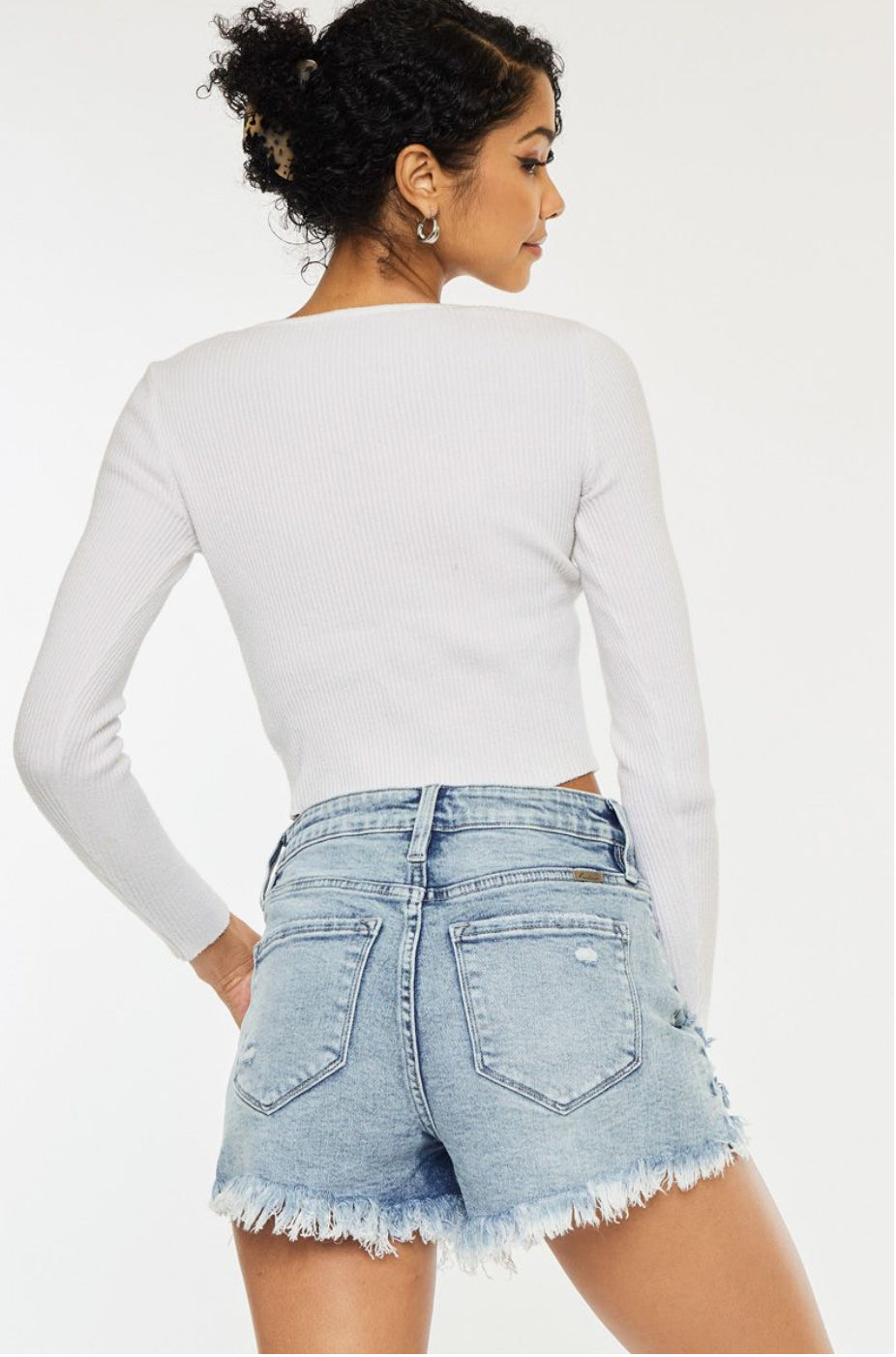 High Rise Fray Hem Denim Shorts