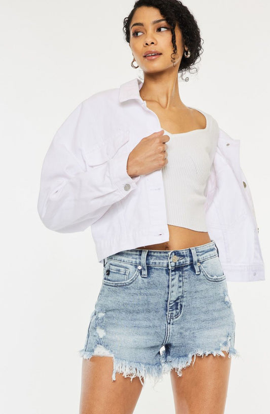 High Rise Fray Hem Denim Shorts