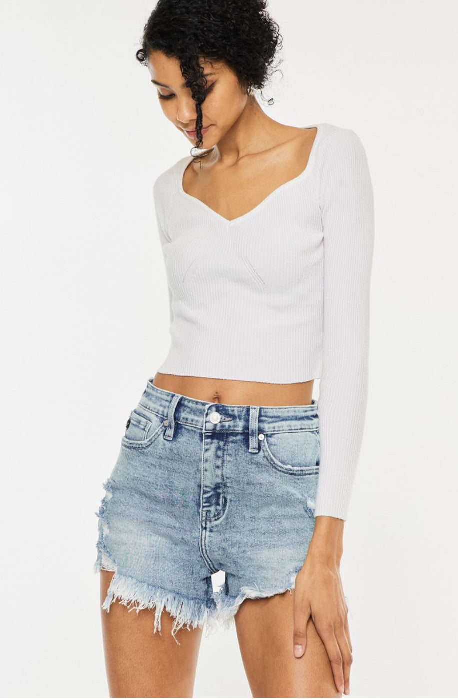 High Rise Fray Hem Denim Shorts