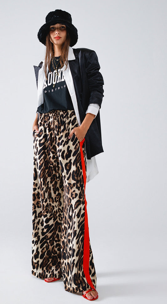Leopard Straight Pants with Red Stipes