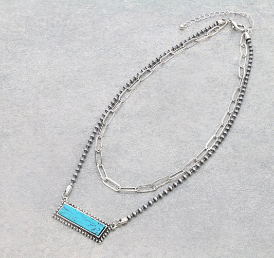 2 Row Navajo Style Pearl with Stone Bar Necklace