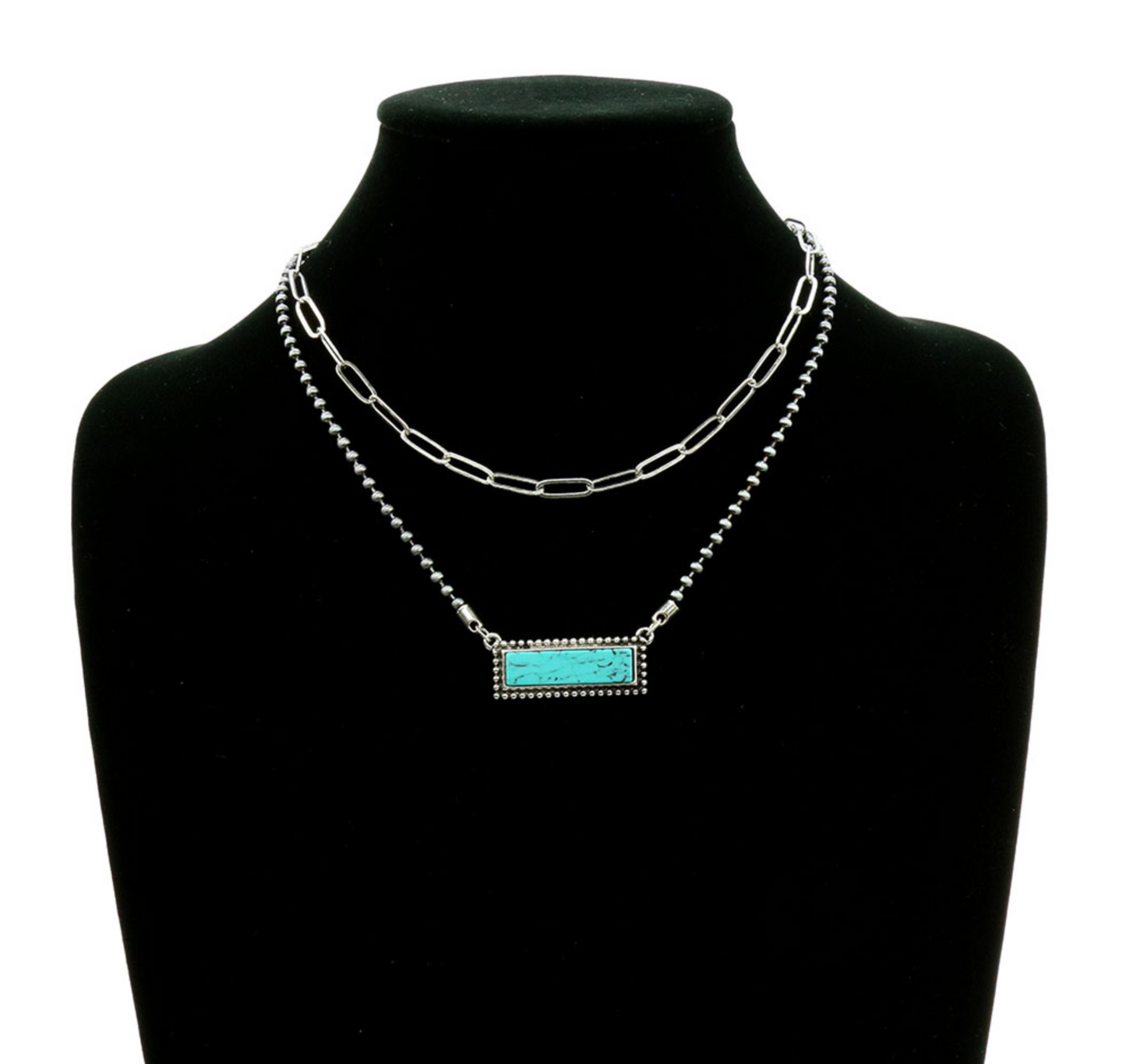 2 Row Navajo Style Pearl with Stone Bar Necklace