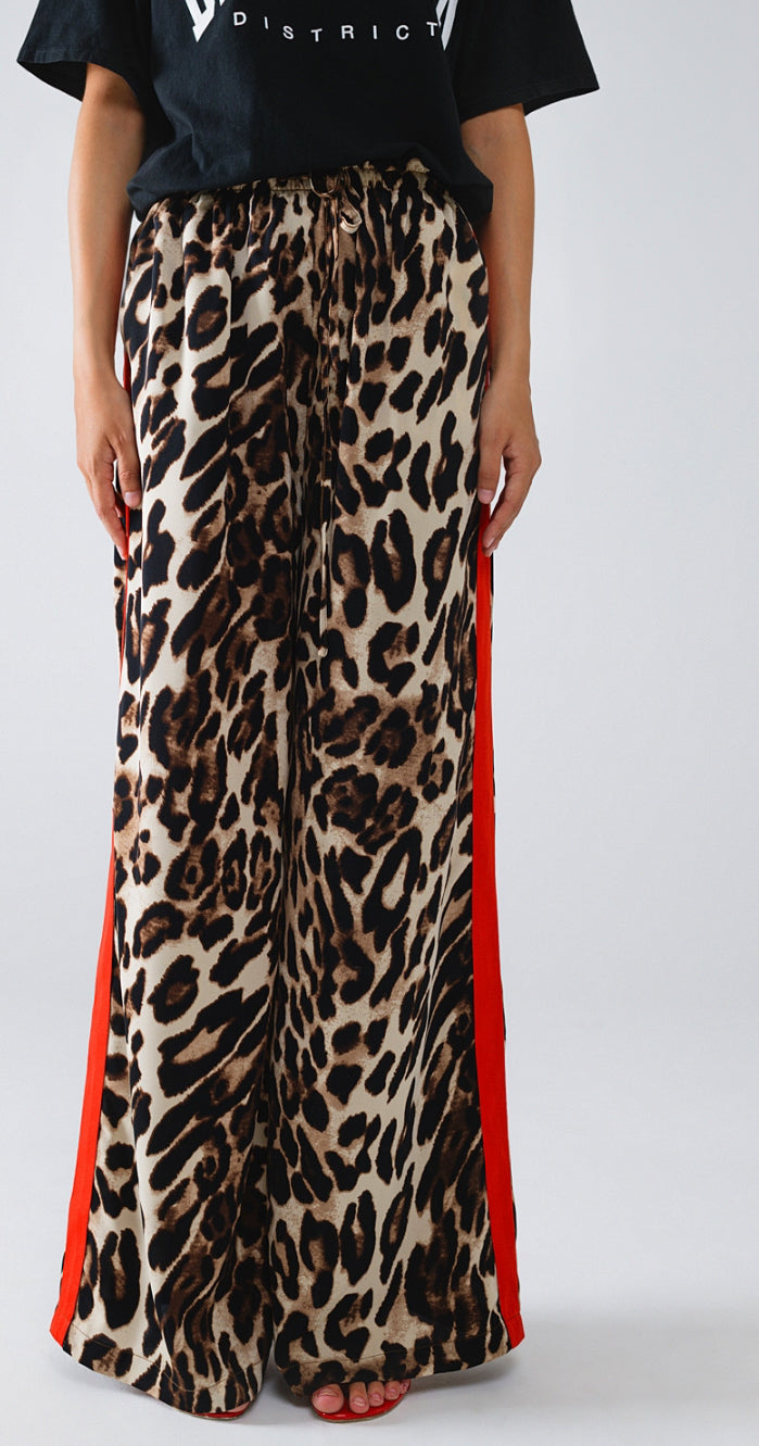 Leopard Straight Pants with Red Stipes