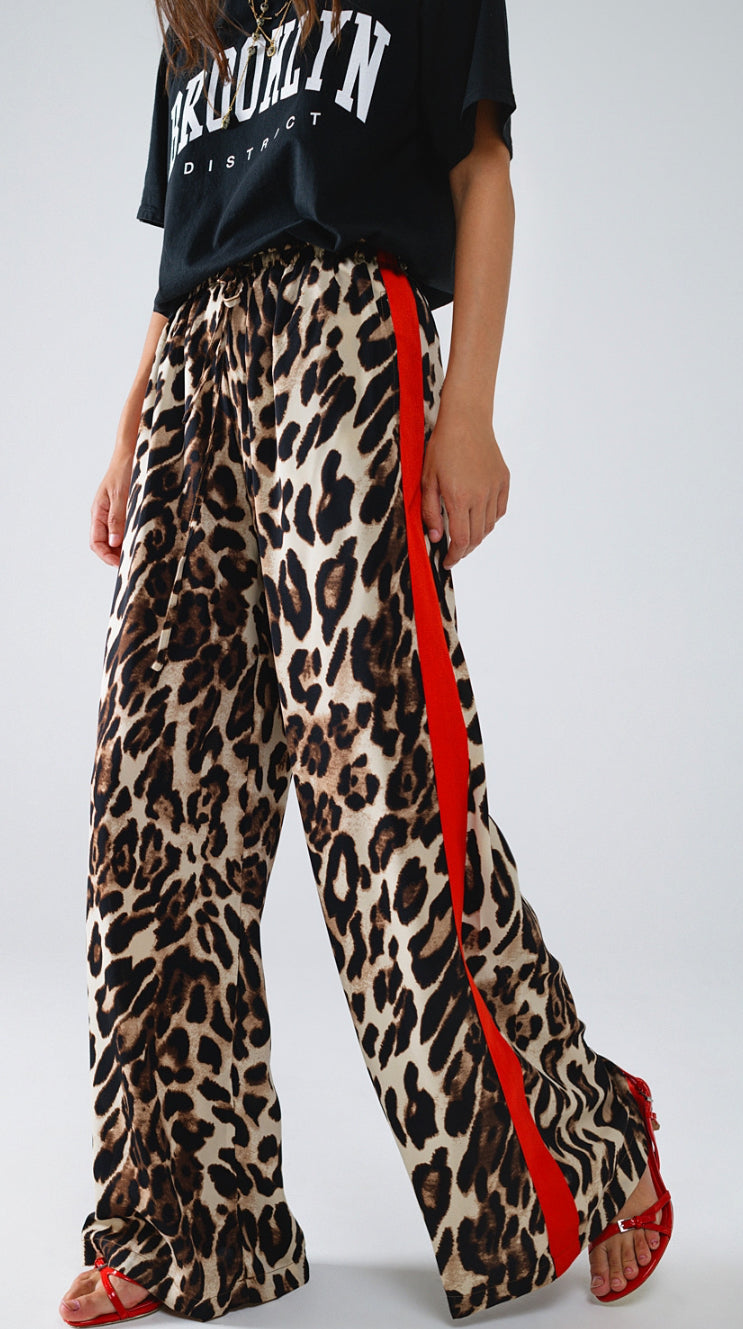 Leopard Straight Pants with Red Stipes